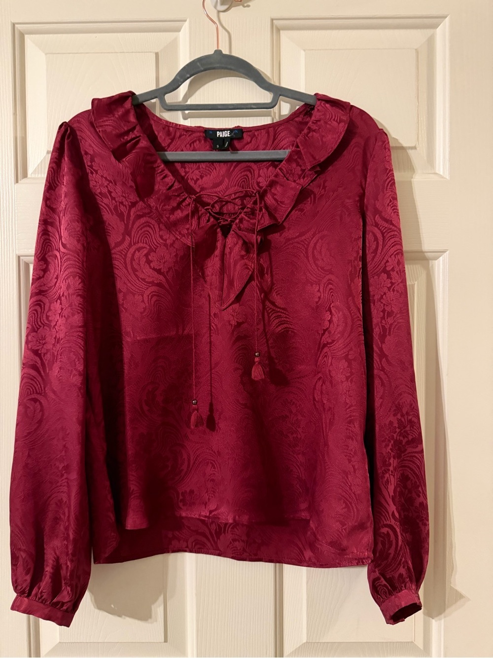 PAIGE Red Damask Satin Lace-Up Ruffle Blouse - size S